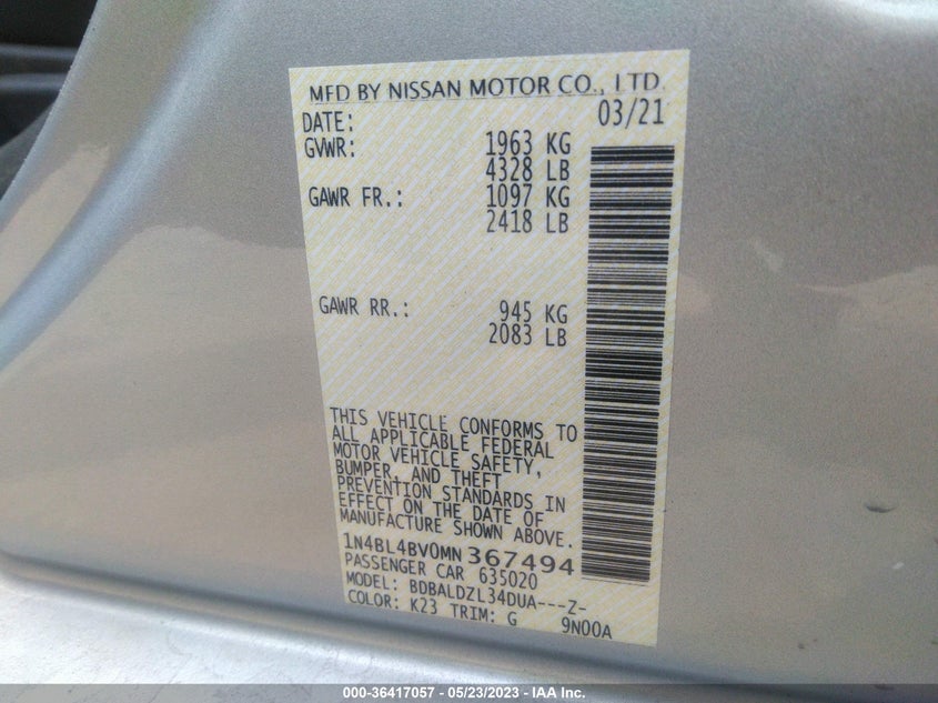 VIN 1N4BL4BV0MN367494 2021 NISSAN ALTIMA 2.5 S