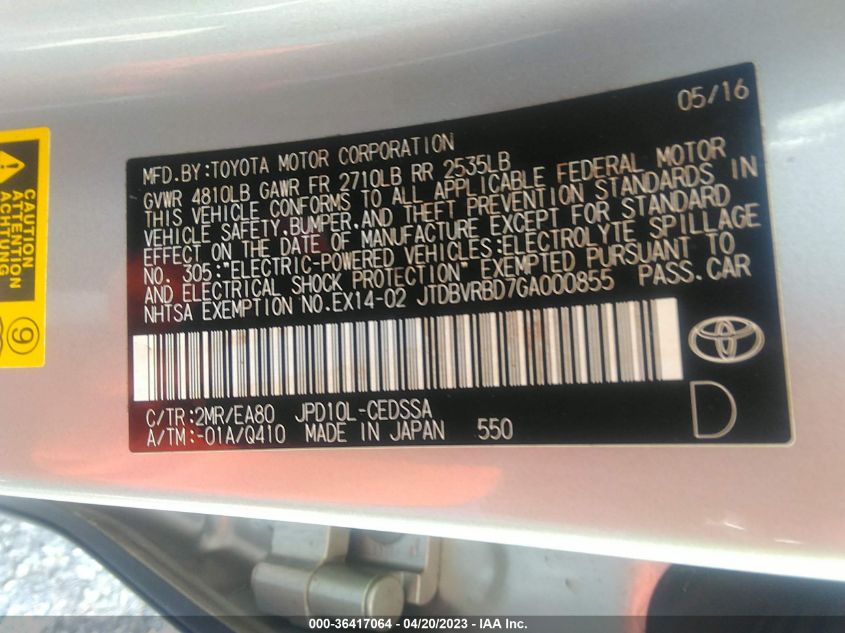 2016 TOYOTA MIRAI JTDBVRBD7GA000855