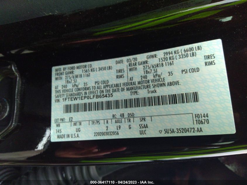 2020 FORD F-150 XL/XLT/LARIAT - 1FTEW1EP0LFB65435