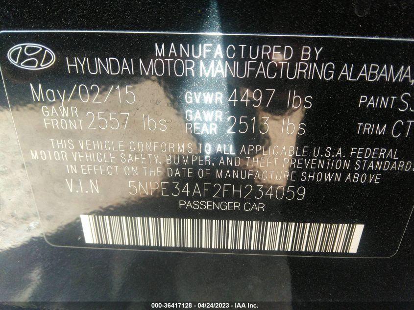 2015 HYUNDAI SONATA 2.4L LIMITED - 5NPE34AF2FH234059