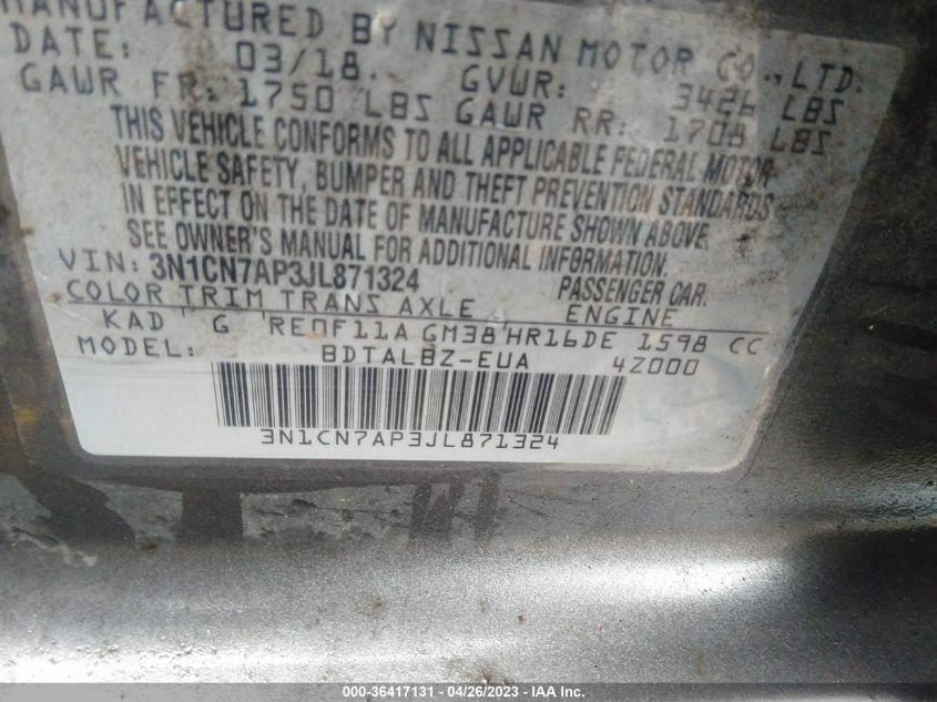 2018 NISSAN VERSA SEDAN SV - 3N1CN7AP3JL871324