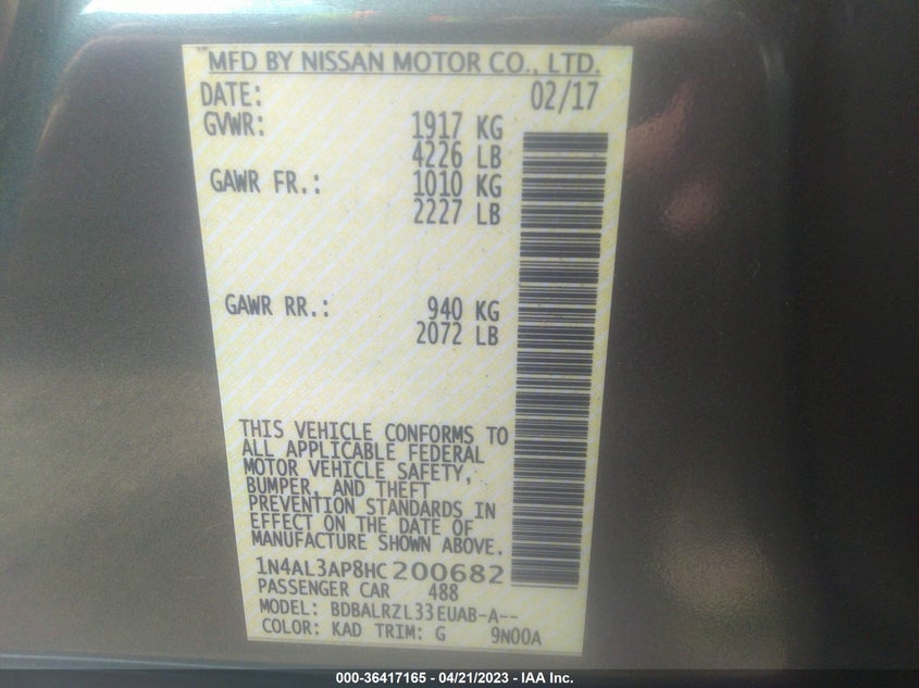 VIN 1N4AL3AP8HC200682 2017 NISSAN ALTIMA 2.5 SL