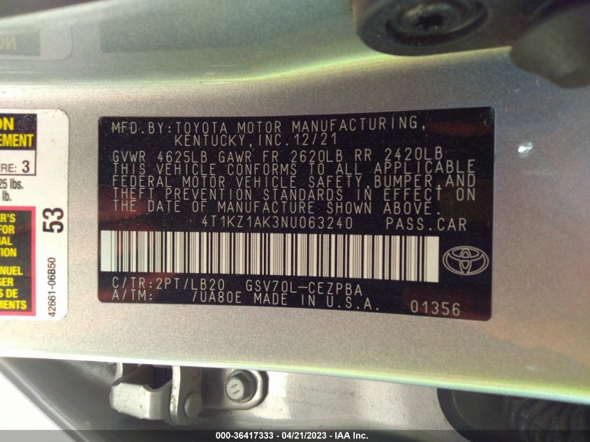 2022 TOYOTA CAMRY V6 - 4T1KZ1AK3NU063240