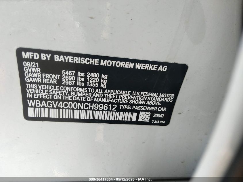 2022 BMW 8 SERIES 840I WBAGV4C00NCH99612