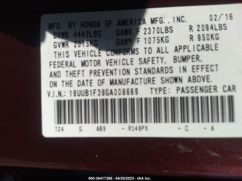 2016 ACURA TLX - 19UUB1F39GA008669