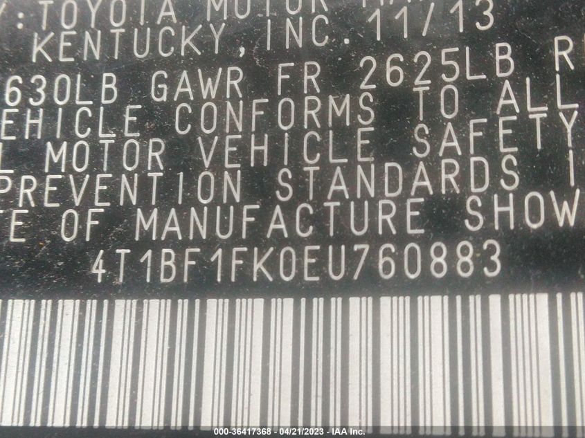 2014 TOYOTA CAMRY L/LE/XLE/SE/SE SPORT - 4T1BF1FK0EU760883