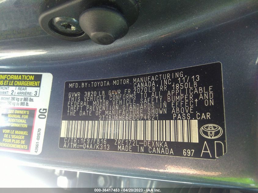 2014 TOYOTA COROLLA L/LE/S/S PLUS/LE PLUS - 2T1BURHE6EC074621