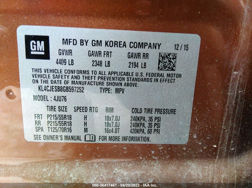 2016 BUICK ENCORE - KL4CJESB8GB597252
