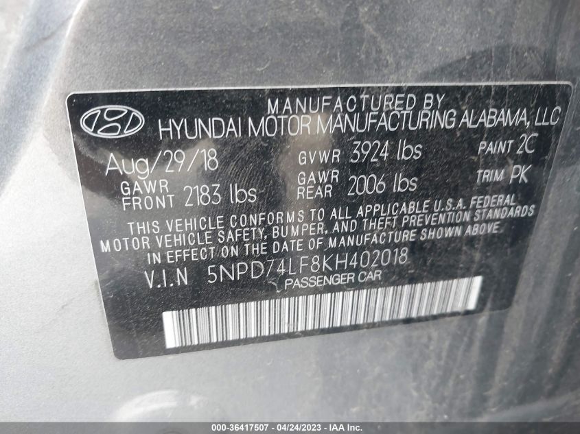 2019 HYUNDAI ELANTRA SE - 5NPD74LF8KH402018