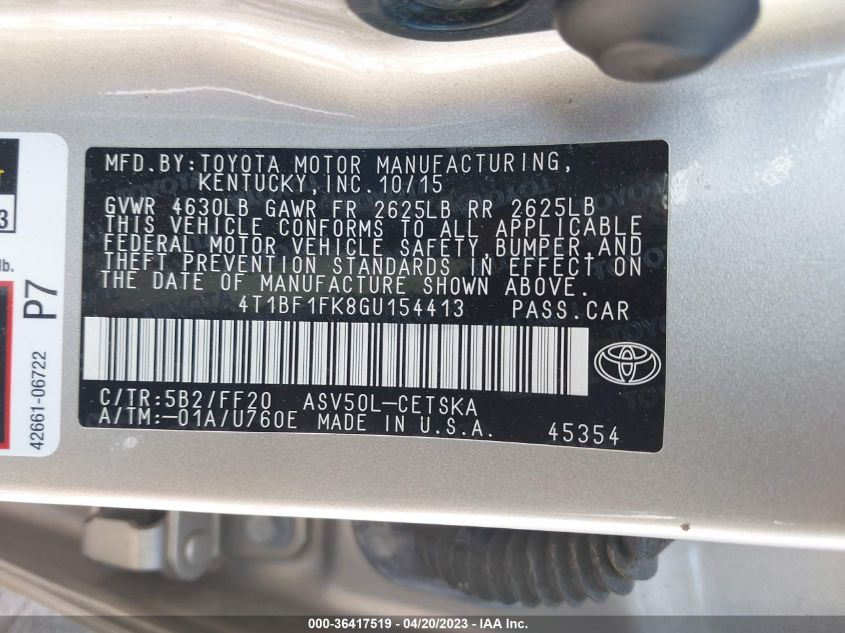 2016 TOYOTA CAMRY XLE/SE/LE/XSE - 4T1BF1FK8GU154413