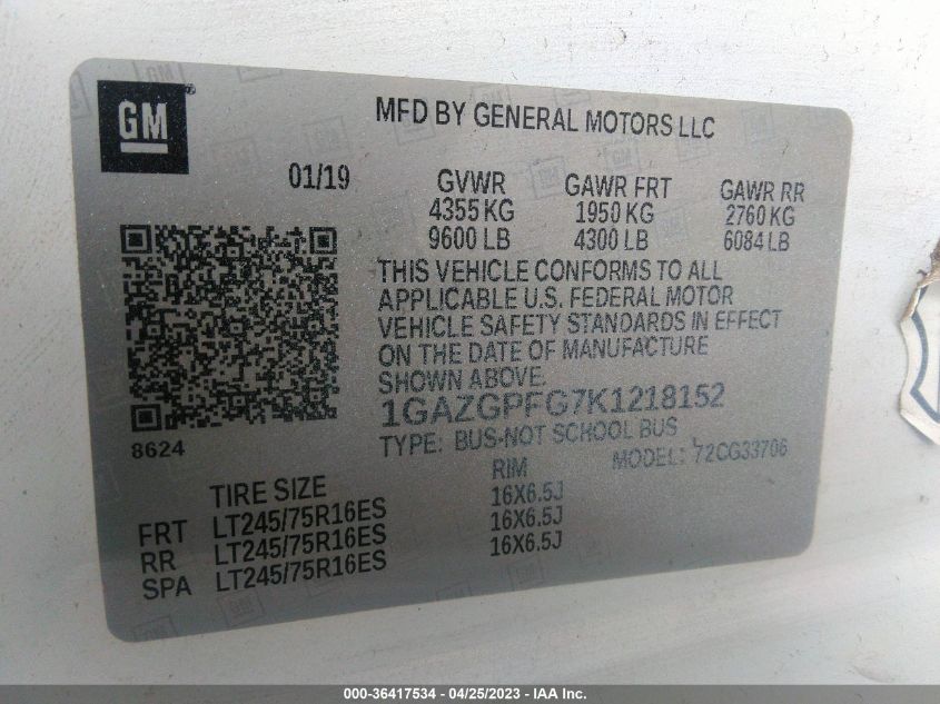 2019 CHEVROLET EXPRESS PASSENGER LT - 1GAZGPFG7K1218152