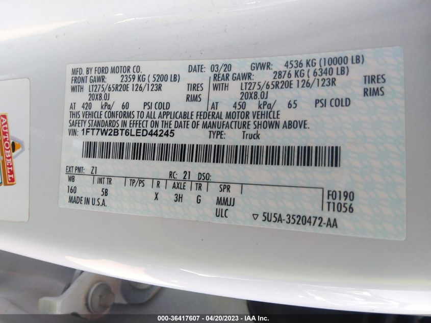 2020 FORD SUPER DUTY F-250 SRW XL/XLT/LARIAT - 1FT7W2BT6LED44245