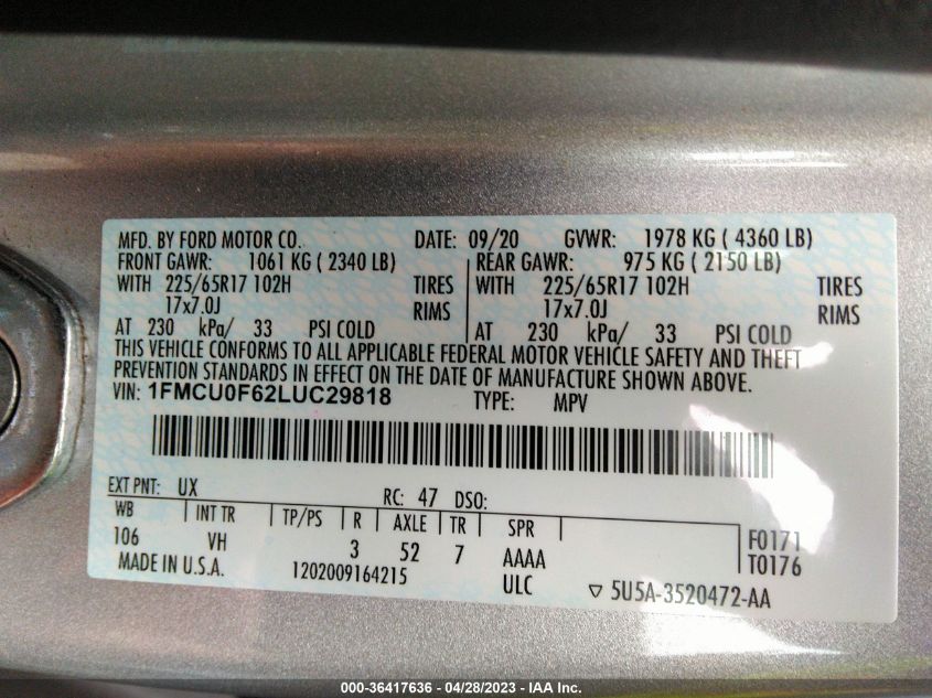 2020 FORD ESCAPE S - 1FMCU0F62LUC29818