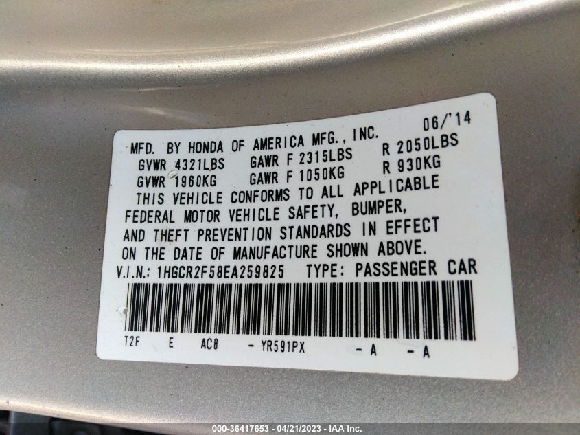 2014 HONDA ACCORD SEDAN SPORT - 1HGCR2F58EA259825