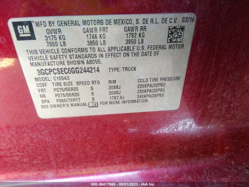 2016 CHEVROLET SILVERADO 1500 LTZ - 3GCPCSEC6GG244214