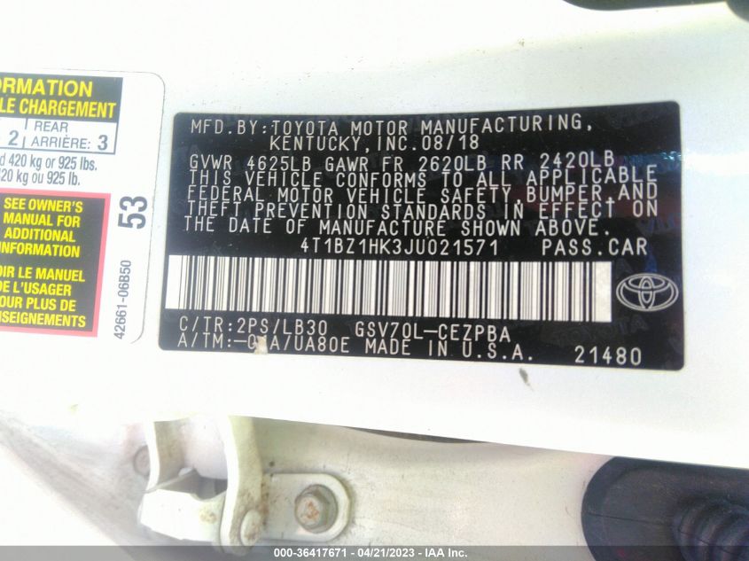 2018 TOYOTA CAMRY V6 - 4T1BZ1HK3JU021571