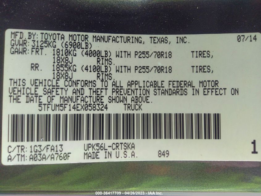 2014 TOYOTA TUNDRA 4WD TRUCK SR/SR5 - 5TFUM5F14EX058324