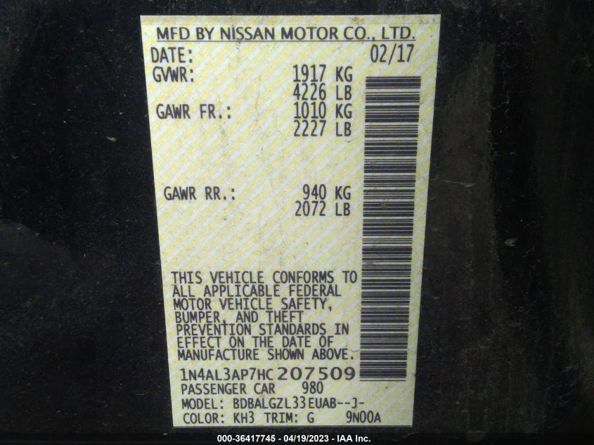 2017 NISSAN ALTIMA 2.5 S - 1N4AL3AP7HC207509