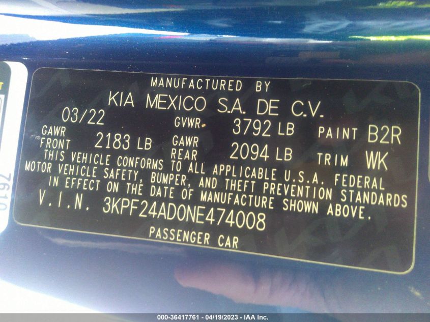 2022 KIA FORTE LXS - 3KPF24AD0NE474008