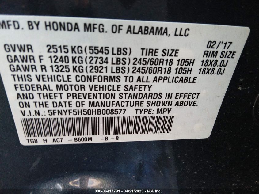 2017 HONDA PILOT EX-L - 5FNYF5H50HB008577