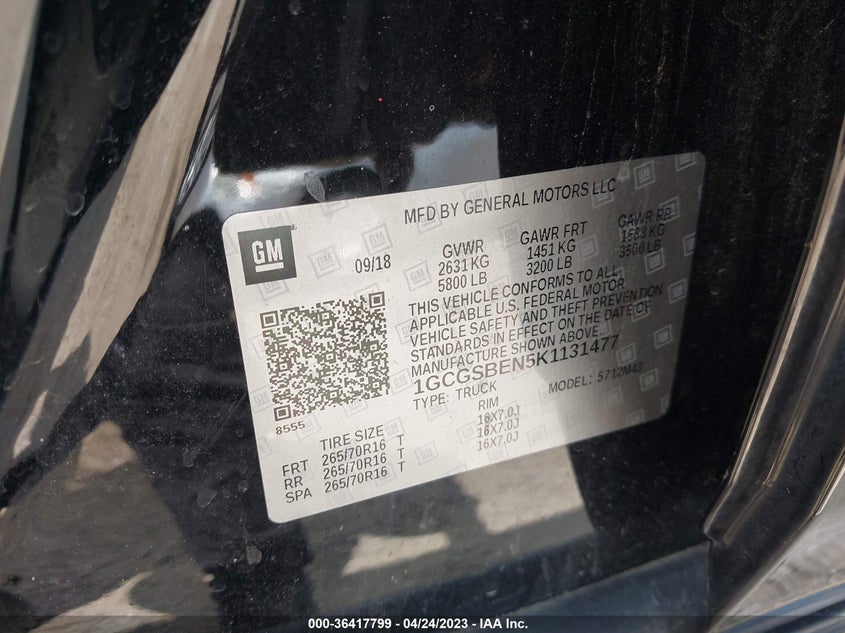 VIN 1GCGSBEN5K1131477 2019 CHEVROLET COLORADO 2WD WORK TRUCK