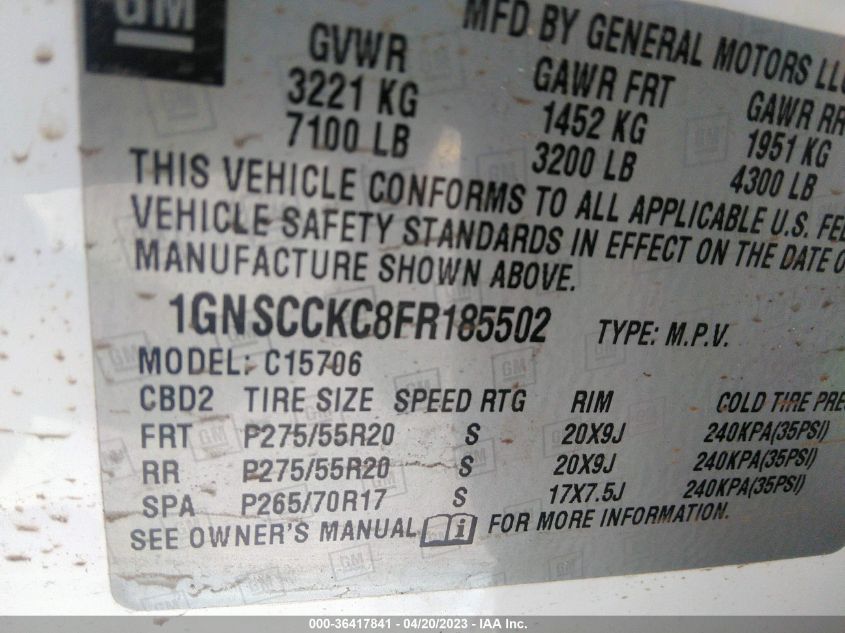 2015 CHEVROLET TAHOE LTZ - 1GNSCCKC8FR185502