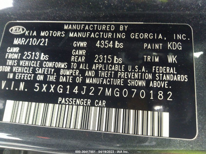 2021 KIA K5 LXS - 5XXG14J27MG070182