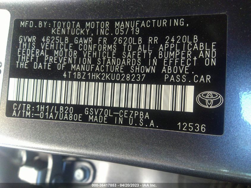 2019 TOYOTA CAMRY V6 - 4T1BZ1HK2KU028237