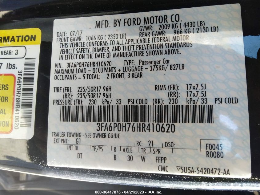 2017 FORD FUSION SE - 3FA6P0H76HR410620