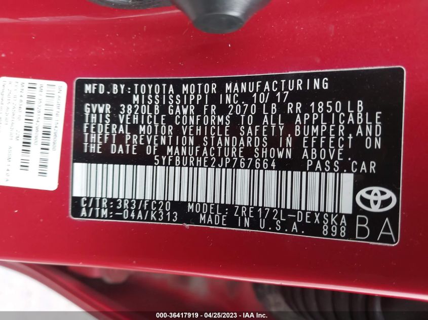 2018 TOYOTA COROLLA L/LE/XLE/SE/XSE - 5YFBURHE2JP767664