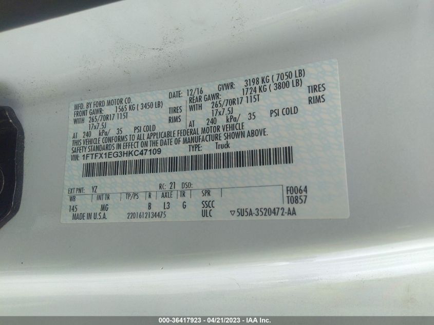 2017 FORD F-150 XL/XLT/LARIAT - 1FTFX1EG3HKC47109