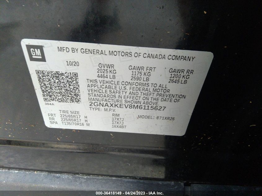 2021 CHEVROLET EQUINOX LT - 2GNAXKEV8M6115627
