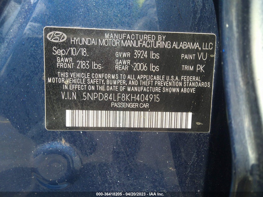 VIN 5NPD84LF8KH404915 2019 HYUNDAI ELANTRA SEL