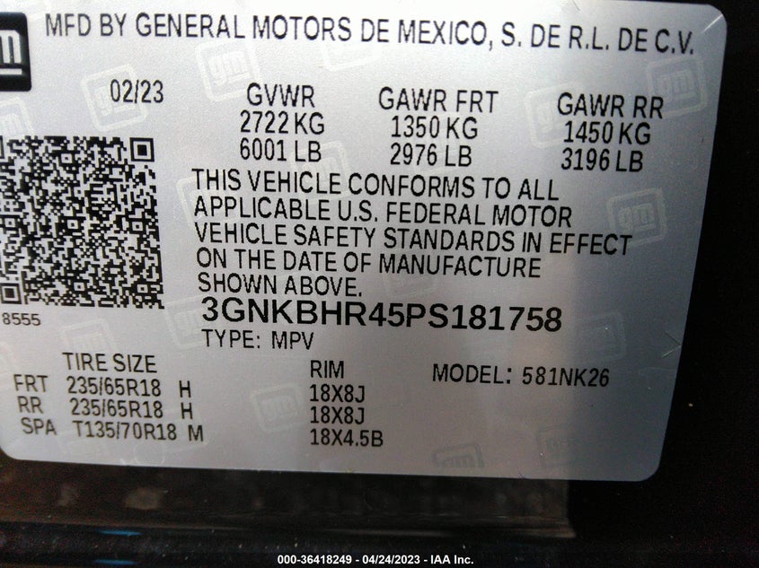 VIN 3GNKBHR45PS181758 2023 CHEVROLET BLAZER LT