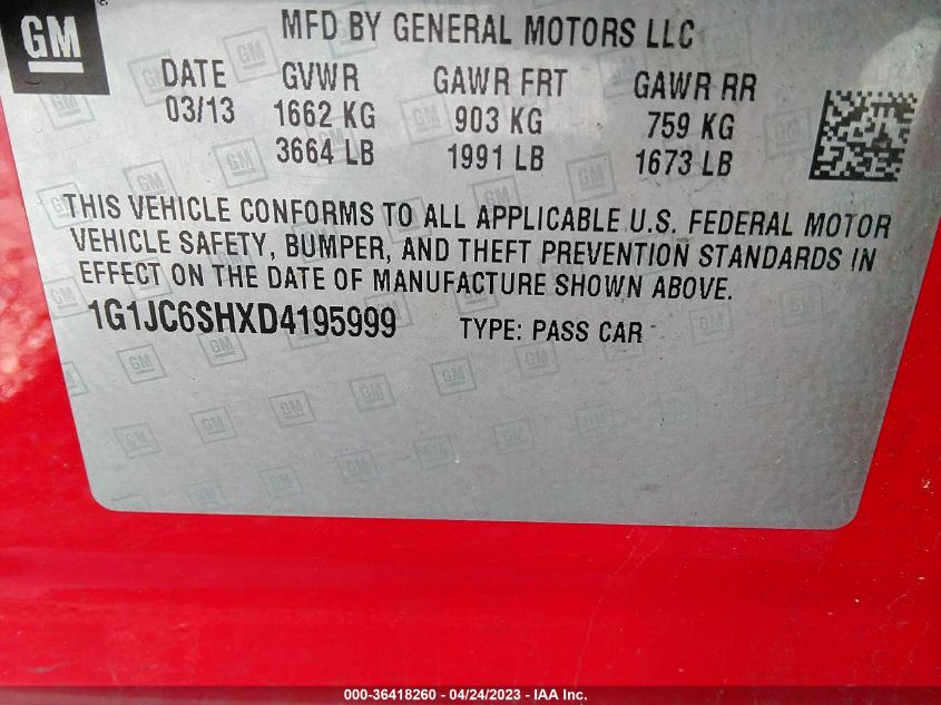 2013 CHEVROLET SONIC LT - 1G1JC6SHXD4195999