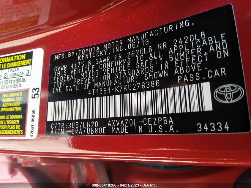 2019 TOYOTA CAMRY XSE - 4T1B61HK7KU278386