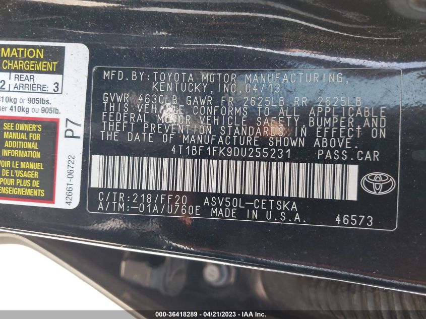 2013 TOYOTA CAMRY L/LE/SE/XLE - 4T1BF1FK9DU255231