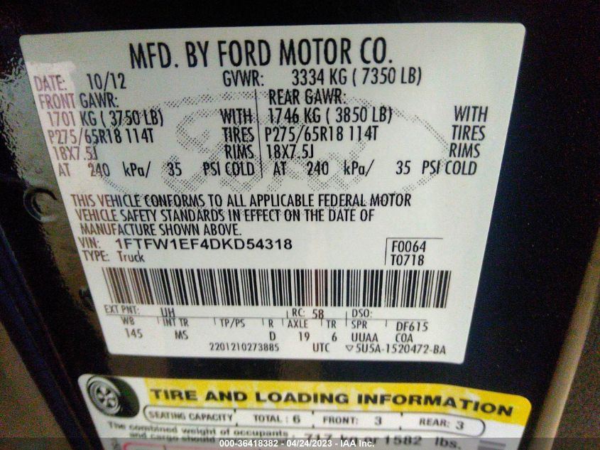 2013 FORD F-150 XL/XLT/FX4/LARIAT - 1FTFW1EF4DKD54318