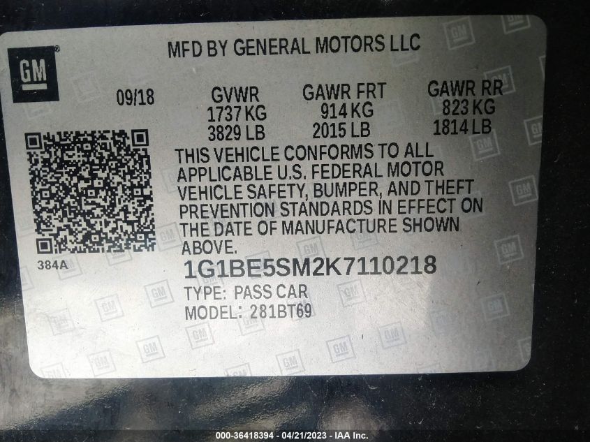 2019 CHEVROLET CRUZE LT - 1G1BE5SM2K7110218