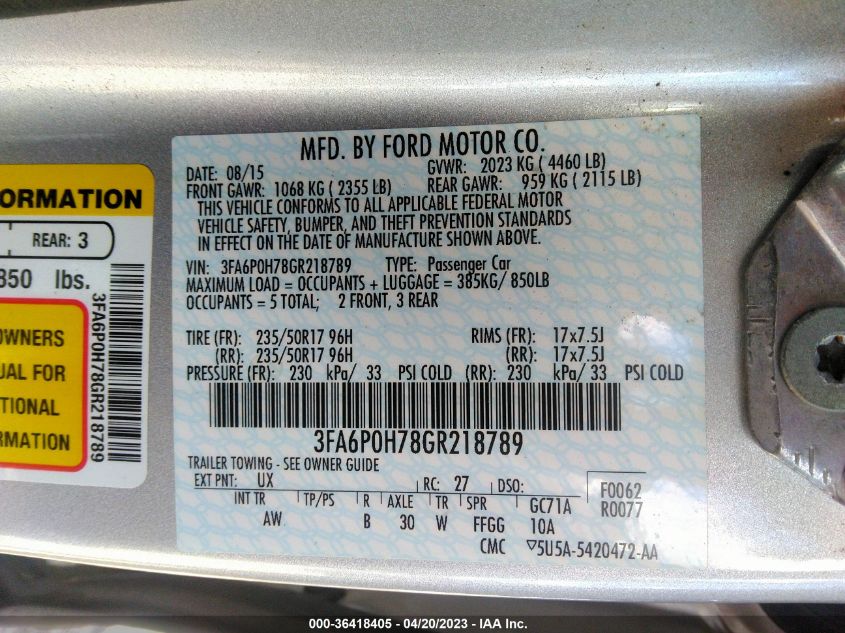 2016 FORD FUSION SE - 3FA6P0H78GR218789