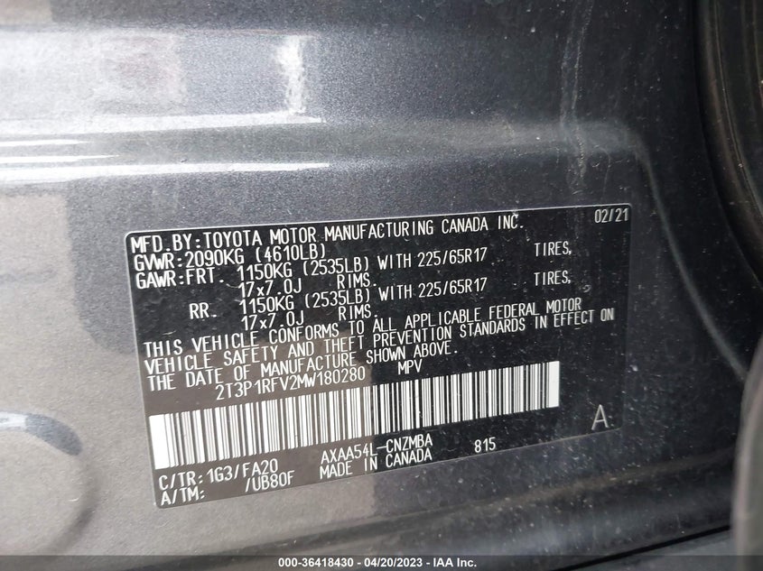 VIN 2T3P1RFV2MW180280 2021 TOYOTA RAV4 XLE
