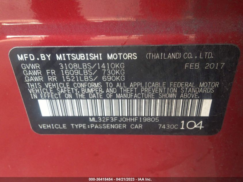 2017 MITSUBISHI MIRAGE G4 ES - ML32F3FJ0HHF19805