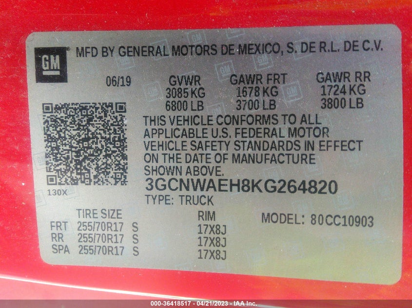 VIN 3GCNWAEH8KG264820 2019 CHEVROLET SILVERADO 1500 WORK TRUCK