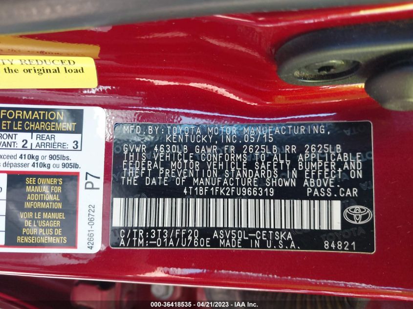 2015 TOYOTA CAMRY XLE/SE/LE/XSE - 4T1BF1FK2FU966319