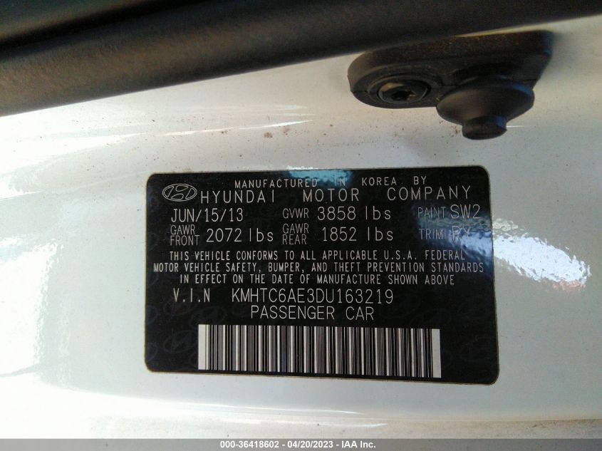 2013 HYUNDAI VELOSTER TURBO W/BLUE INT - KMHTC6AE3DU163219