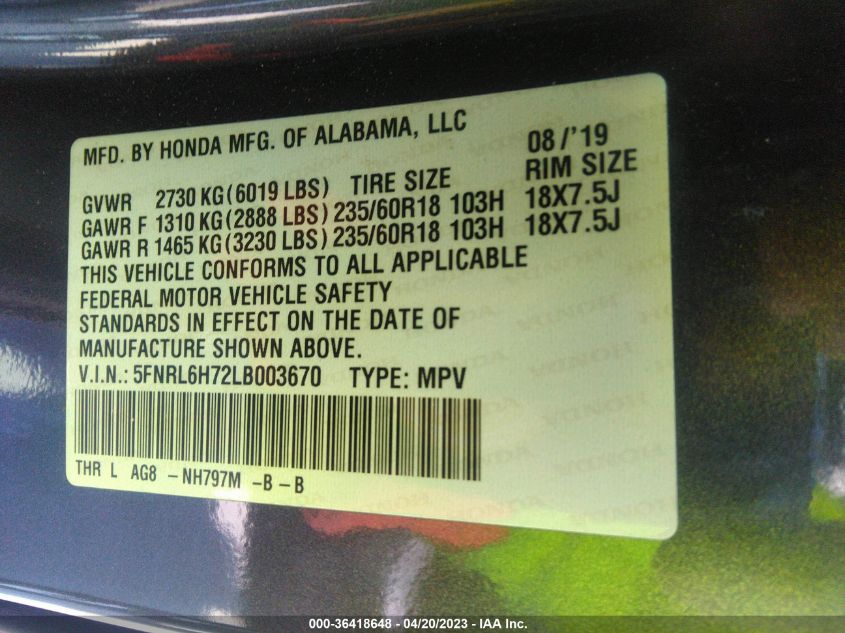 2020 HONDA ODYSSEY EX-L - 5FNRL6H72LB003670