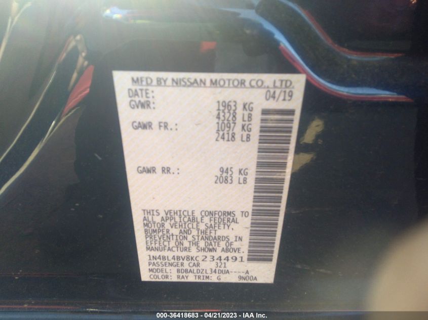 2019 NISSAN ALTIMA 2.5 S - 1N4BL4BV8KC234491