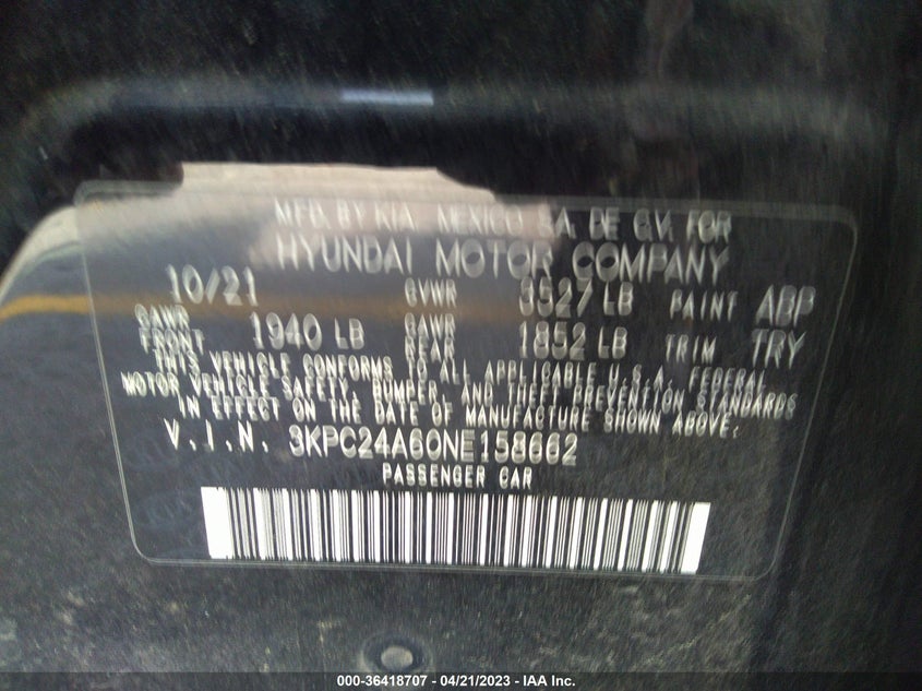 VIN 3KPC24A60NE158662 2022 HYUNDAI ACCENT SE