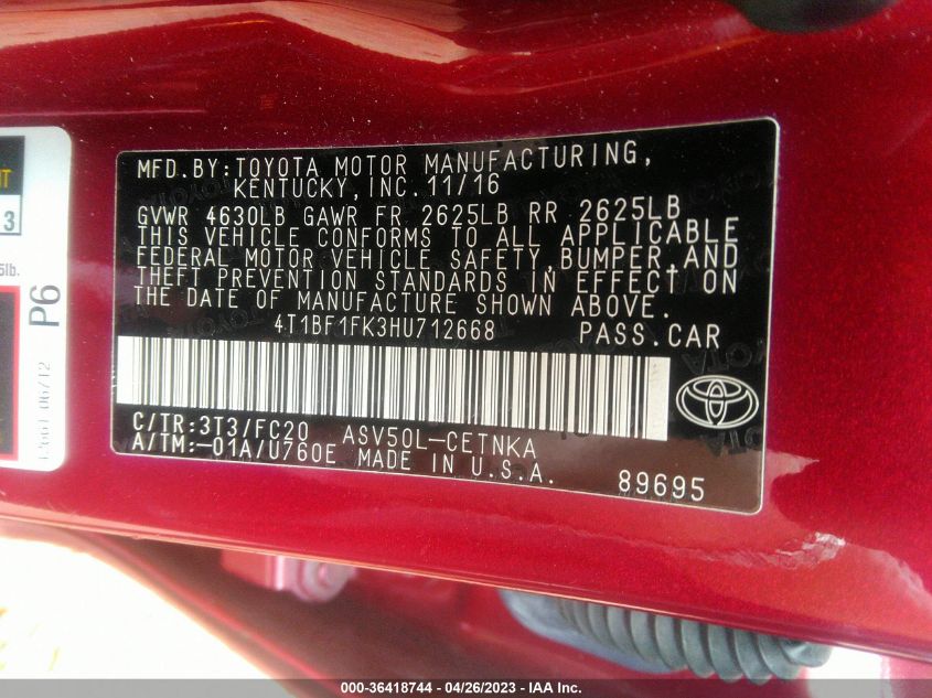 2017 TOYOTA CAMRY XLE/SE/LE/XSE - 4T1BF1FK3HU712668