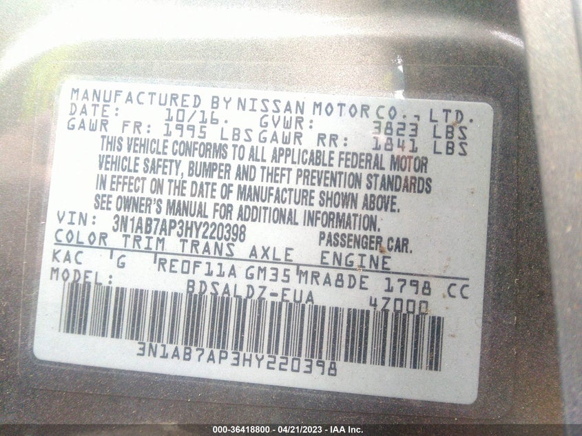 VIN 3N1AB7AP3HY220398 2017 NISSAN SENTRA SV